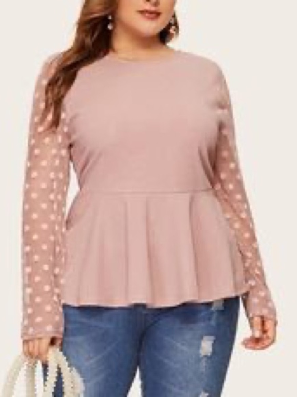 Dusty Pink Peplum Top Sheer Polka Dot Mesh Long Sleeve Keyhole Shirt Curve 0X